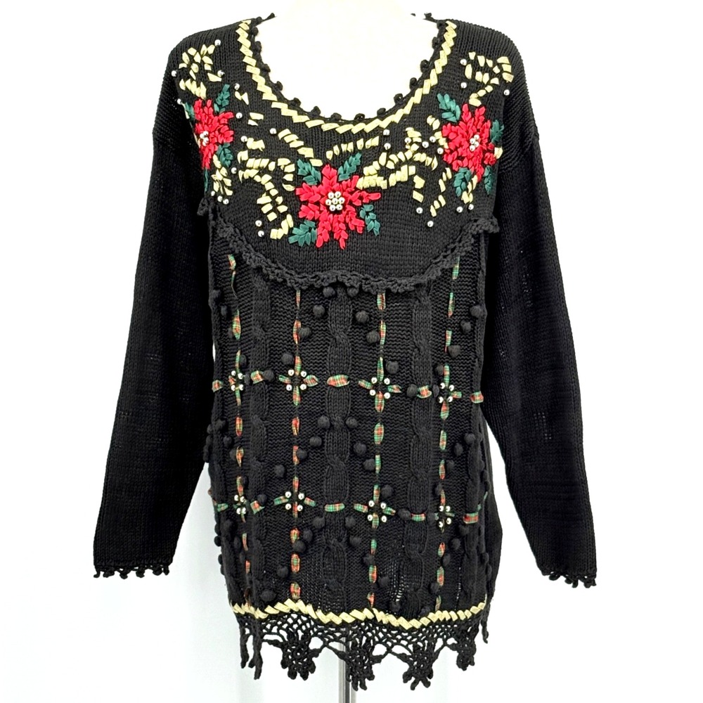 Vintage Shenanigans Womens Christmas Sweater‎ M Beading Poinsettia Crochet Black